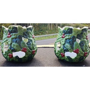 Set of 2 Christmas Holiday Votive Candle Holder Green Holly Red Berries 2...